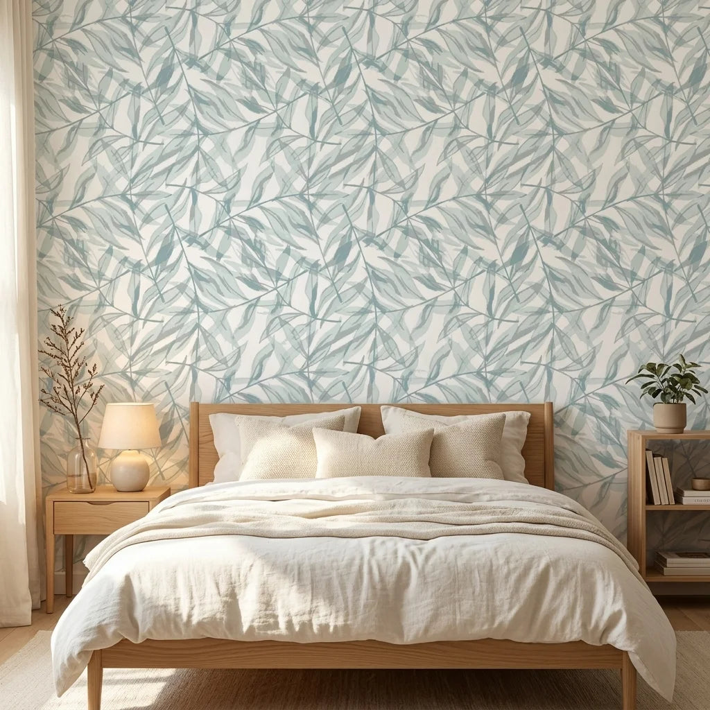 Pale Grove serene blue botanical wallpaper adding character to a cozy bedroom