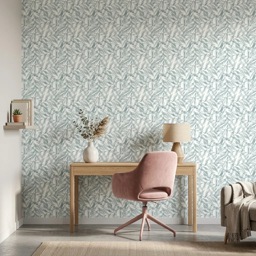 Pale Grove serene blue botanical wallpaper as a feature wall in a bright home office