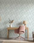 Pale Grove serene blue botanical wallpaper as a feature wall in a bright home office