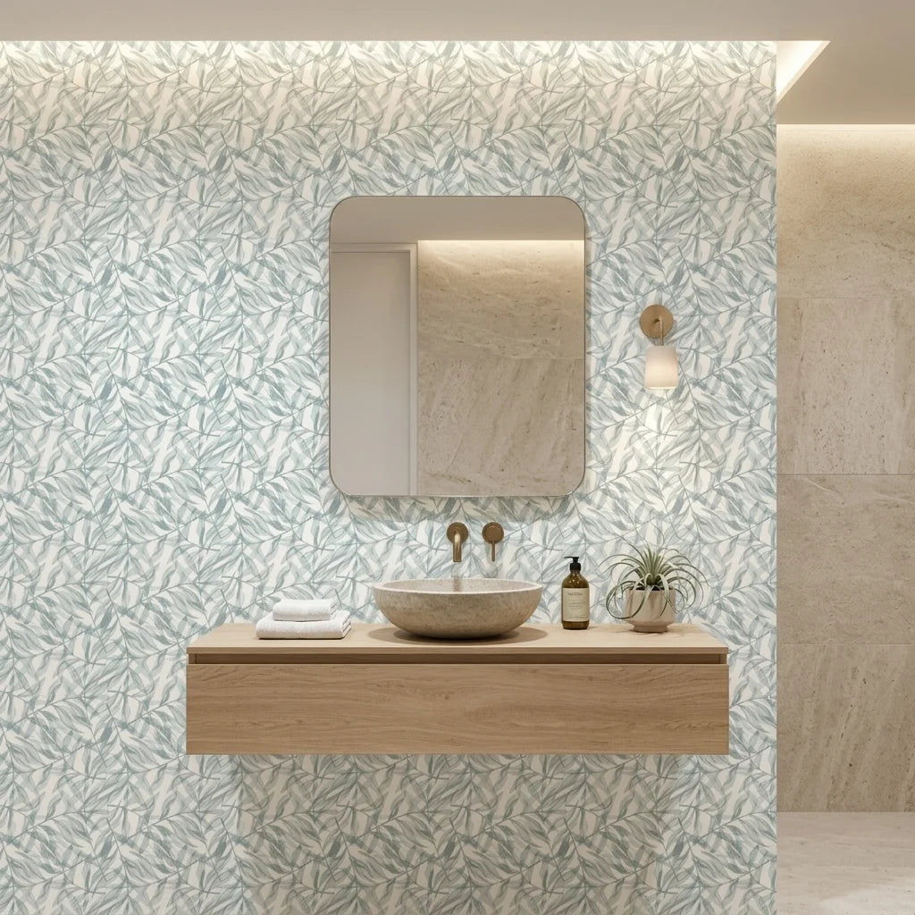 Pale Grove serene blue botanical wallpaper creating ambiance in a serene bathroom