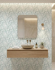 Pale Grove serene blue botanical wallpaper creating ambiance in a serene bathroom