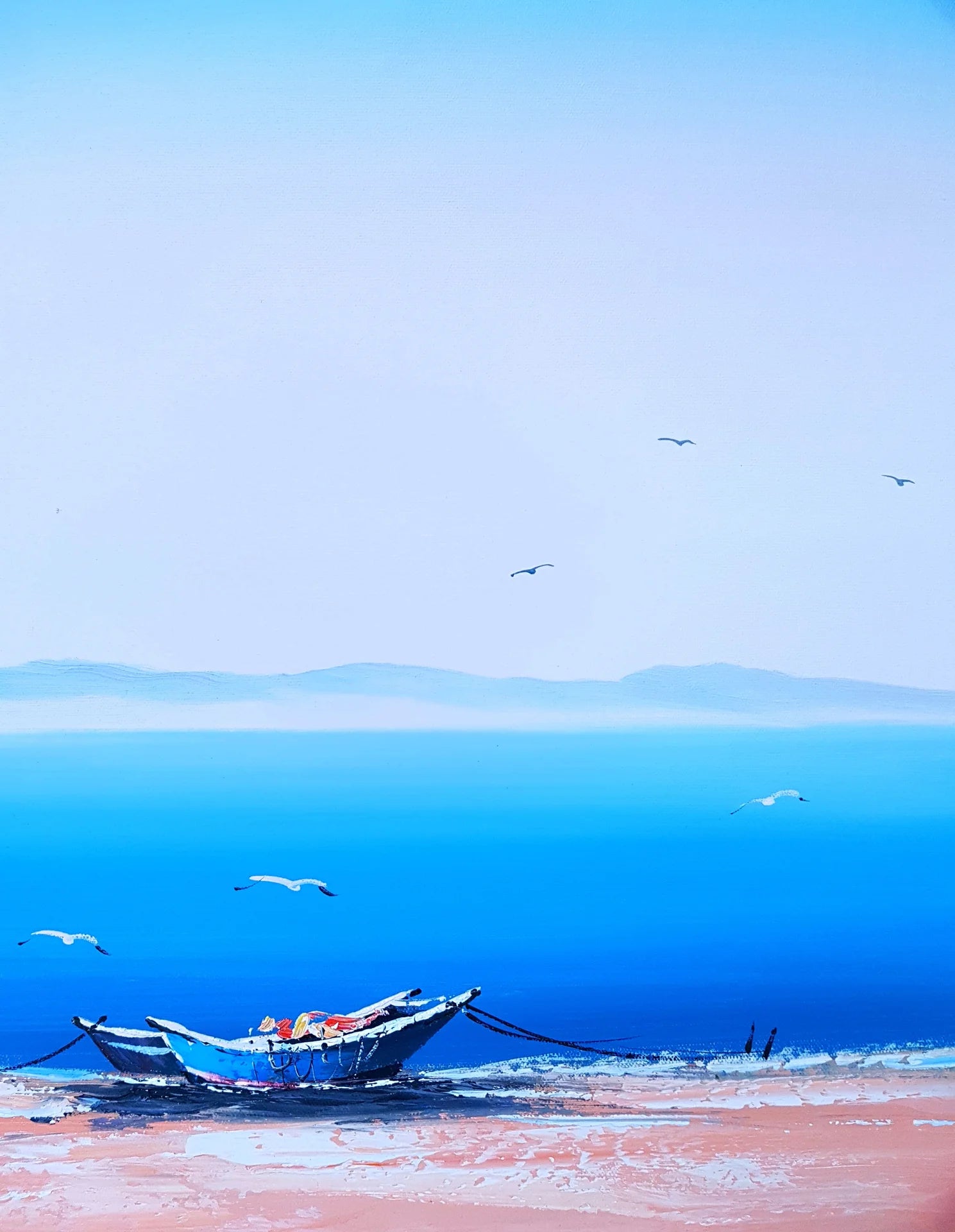 Pale Horizon serene blue coastal landscape wallpaper creating ambiance in a serene bathroom