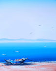 Pale Horizon serene blue coastal landscape wallpaper creating ambiance in a serene bathroom