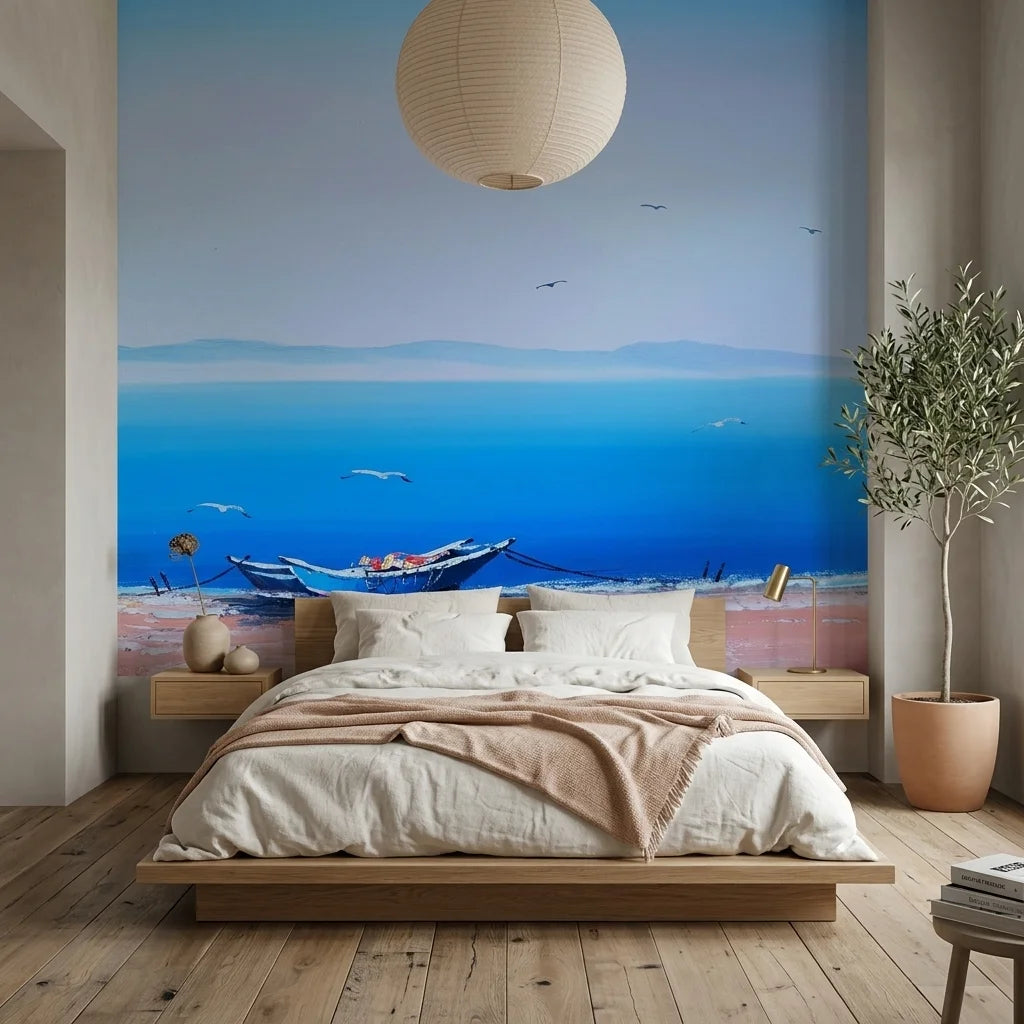Smooth serene blue coastal landscape boat peel and stick wallpaper - Pale Horizon
