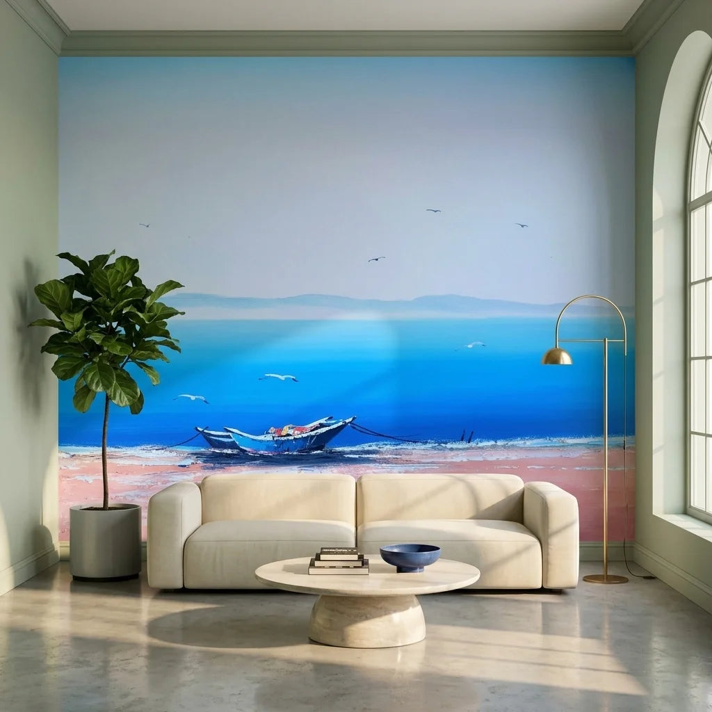 Pale Horizon serene blue coastal landscape wallpaper in a warm and inviting living room
