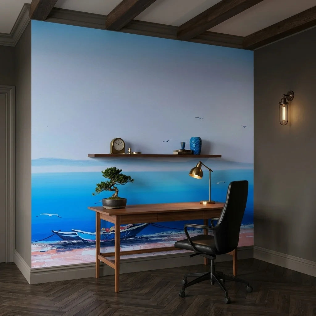 Pale Horizon serene blue coastal landscape wallpaper adding character to a cozy bedroom