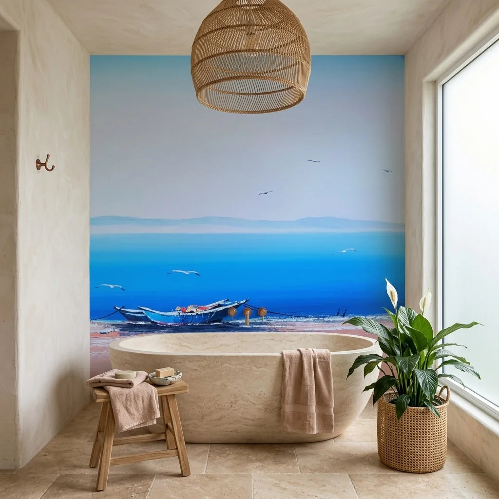 Pale Horizon serene blue coastal landscape wallpaper as a feature wall in a bright home office
