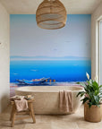 Pale Horizon serene blue coastal landscape wallpaper as a feature wall in a bright home office