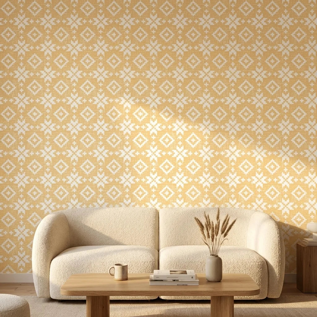 Pale Kilim neutral geometric peel and stick wallpaper in a warm and inviting living room