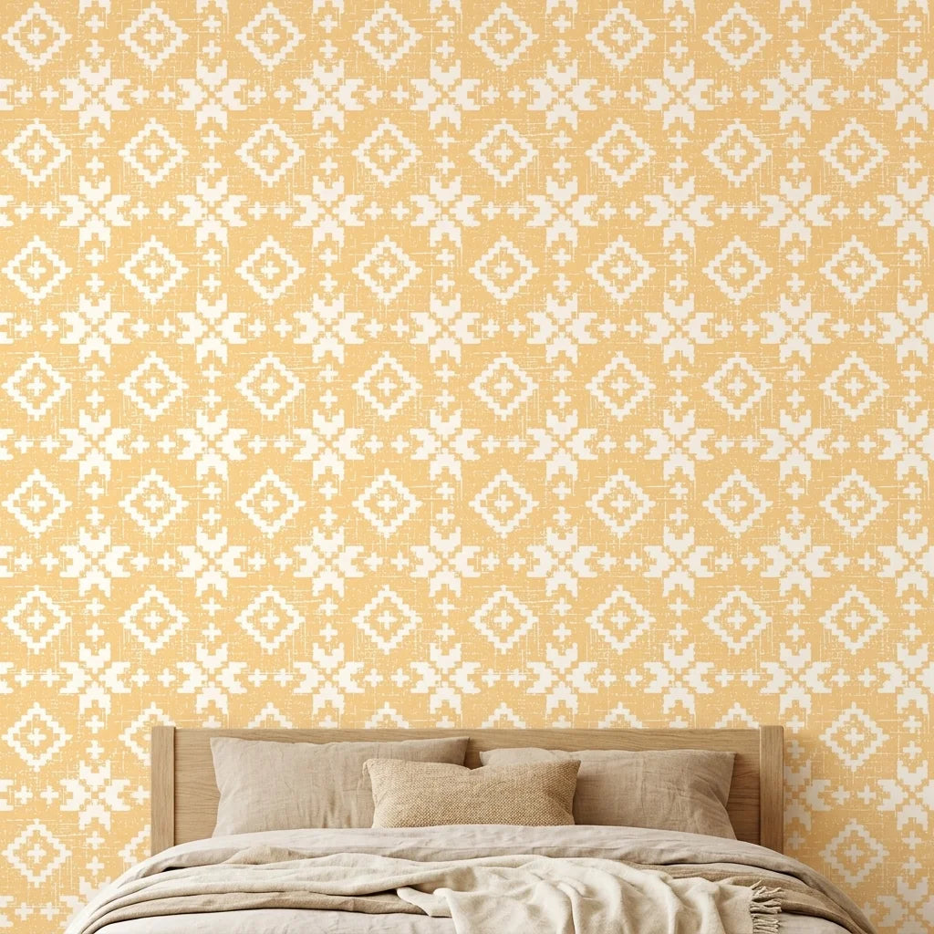 Pale Kilim neutral geometric peel and stick wallpaper adding character to a cozy bedroom