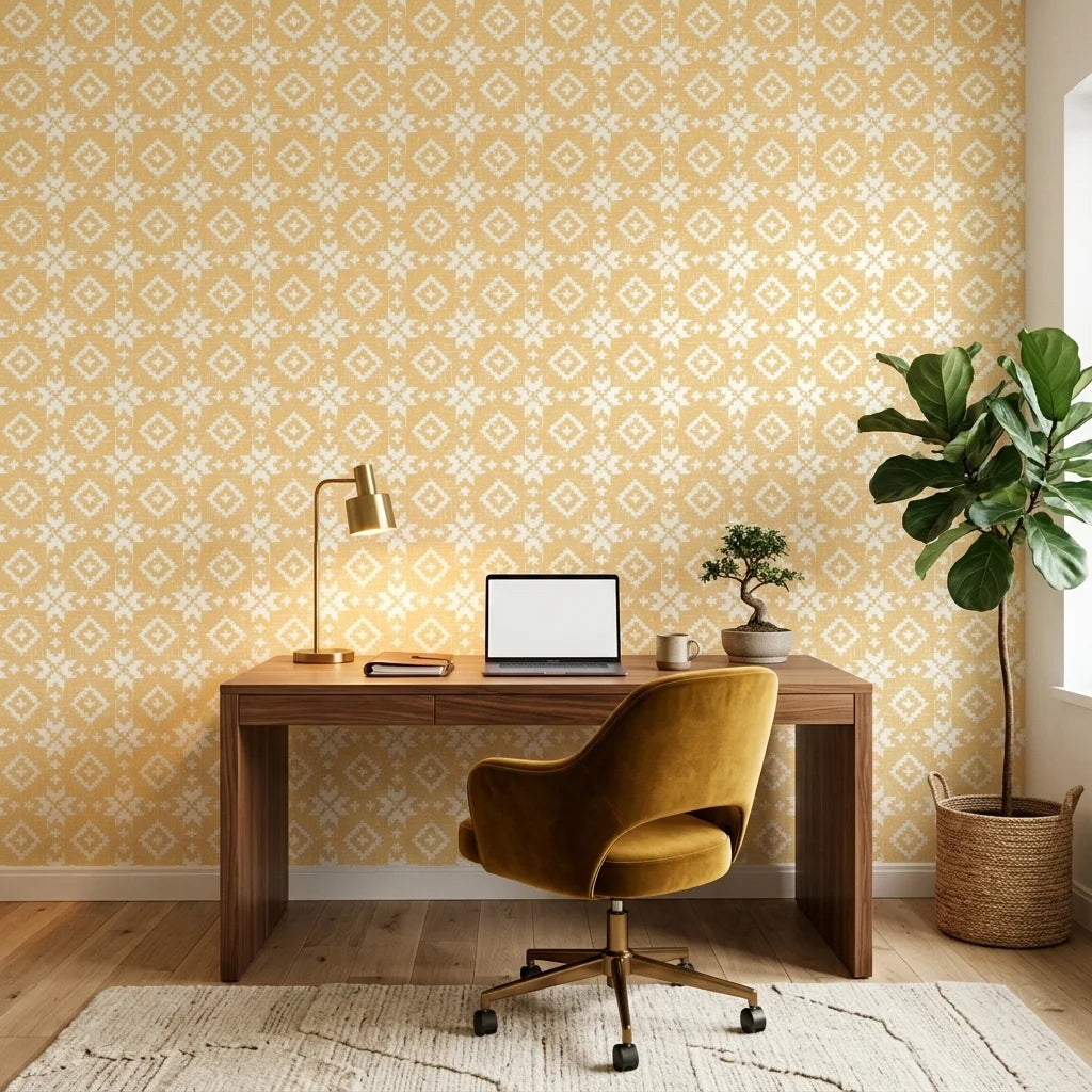 Pale Kilim neutral geometric peel and stick wallpaper as a feature wall in a bright home office