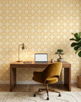 Pale Kilim neutral geometric peel and stick wallpaper as a feature wall in a bright home office