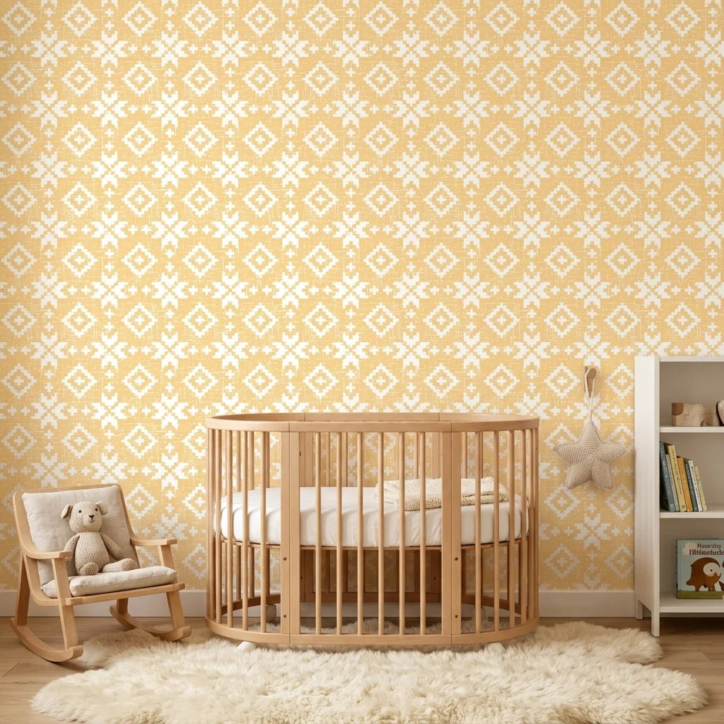 Pale Kilim neutral geometric peel and stick wallpaper bringing warmth to a peaceful nursery