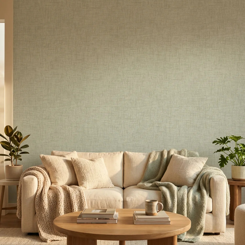 Pale Linen Reverie textured neutral wallpaper in a warm and inviting living room