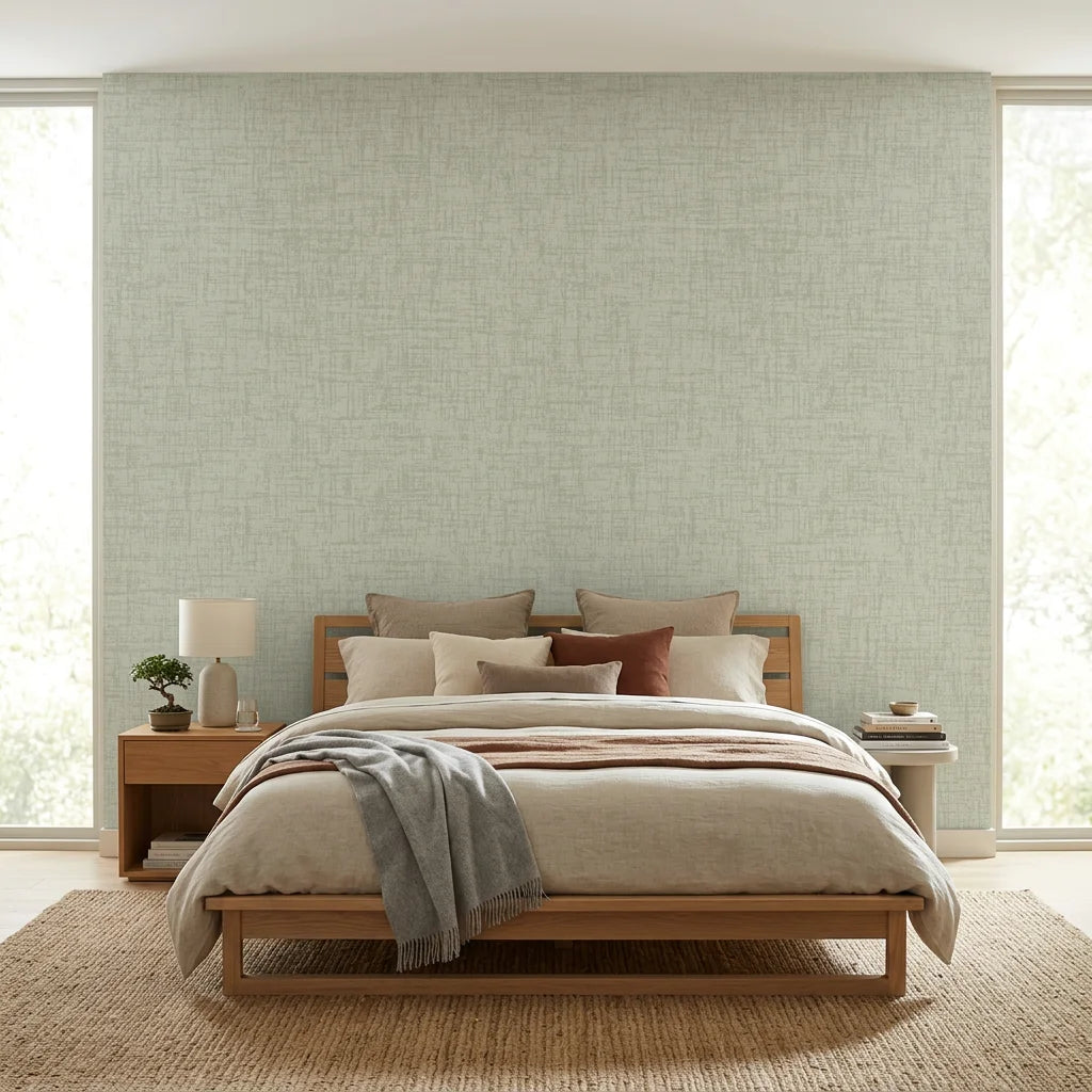 Pale Linen Reverie textured neutral wallpaper adding character to a cozy bedroom