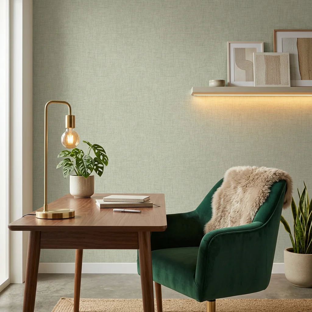 Pale Linen Reverie textured neutral wallpaper as a feature wall in a bright home office