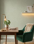 Pale Linen Reverie textured neutral wallpaper as a feature wall in a bright home office