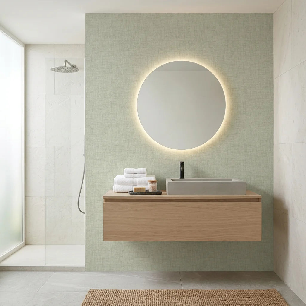 Pale Linen Reverie textured neutral wallpaper creating ambiance in a serene bathroom