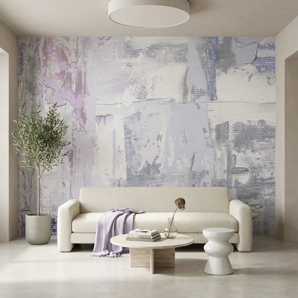 Textured soft lavender and white abstract brushstroke peel and stick wallpaper - Pale Reverie