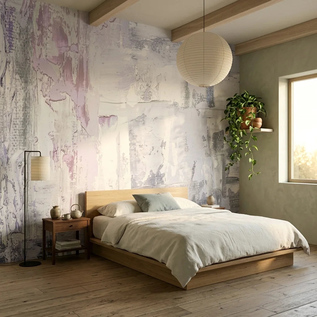 Pale Reverie soft lavender abstract brushstroke wallpaper in a warm and inviting living room