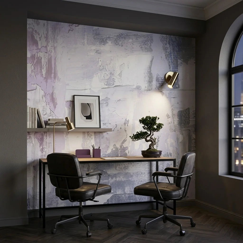 Pale Reverie soft lavender abstract brushstroke wallpaper adding character to a cozy bedroom