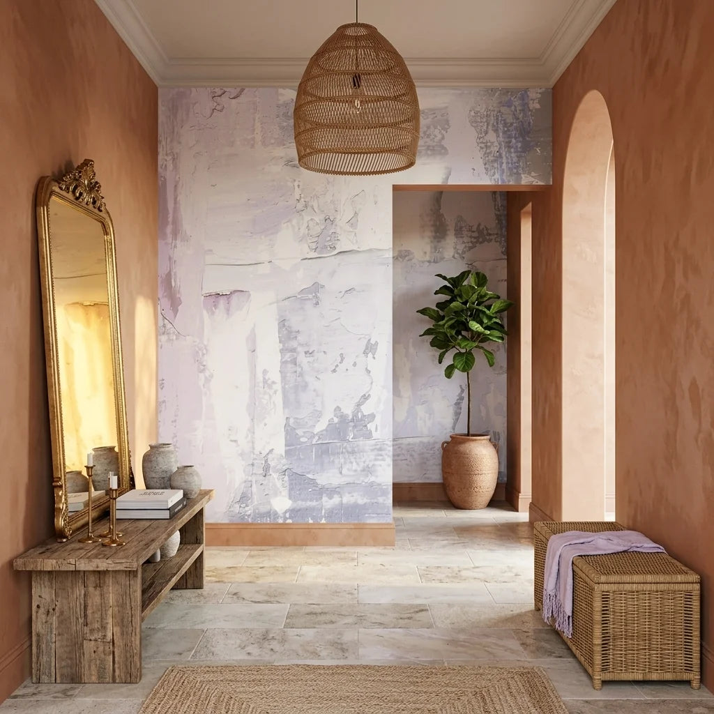 Pale Reverie soft lavender abstract brushstroke wallpaper as a feature wall in a bright home office