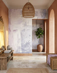 Pale Reverie soft lavender abstract brushstroke wallpaper as a feature wall in a bright home office