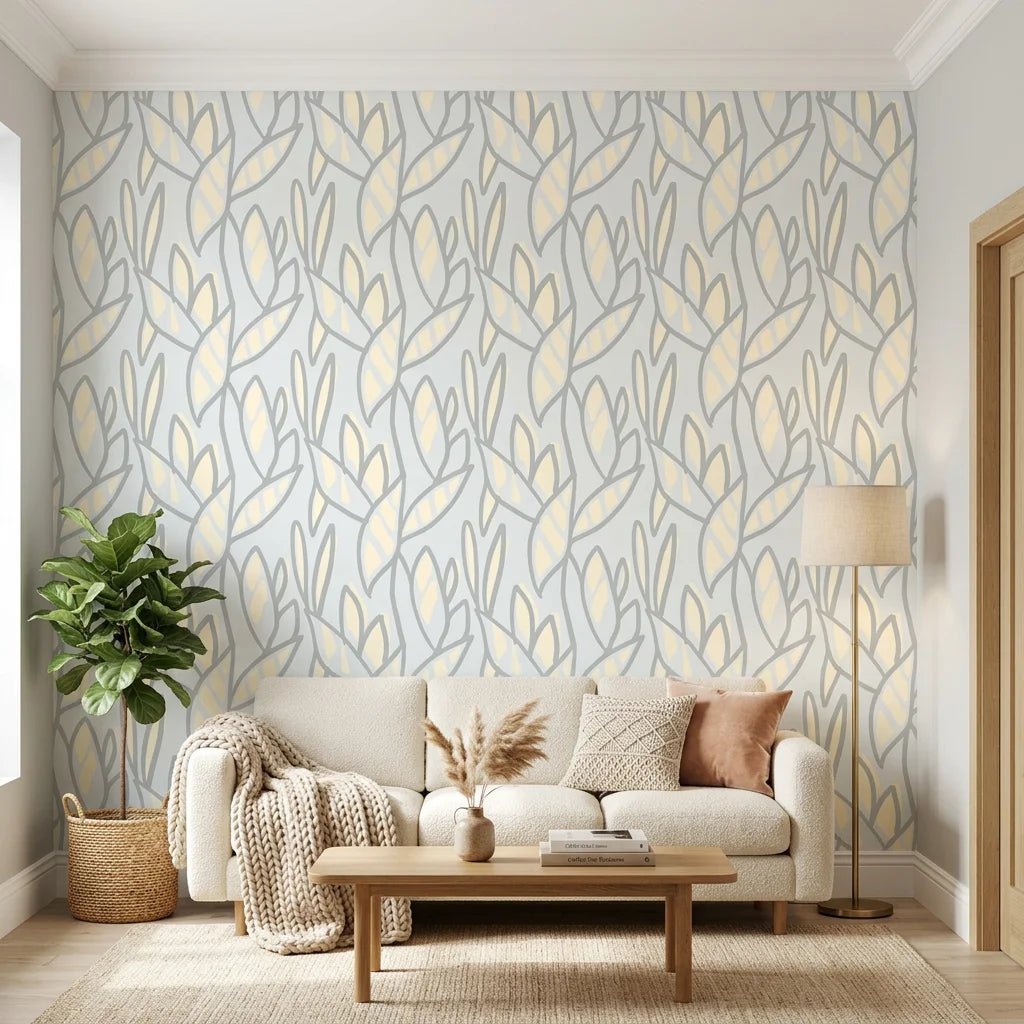 Pale Sprig soft grey botanical in a warm and inviting living room