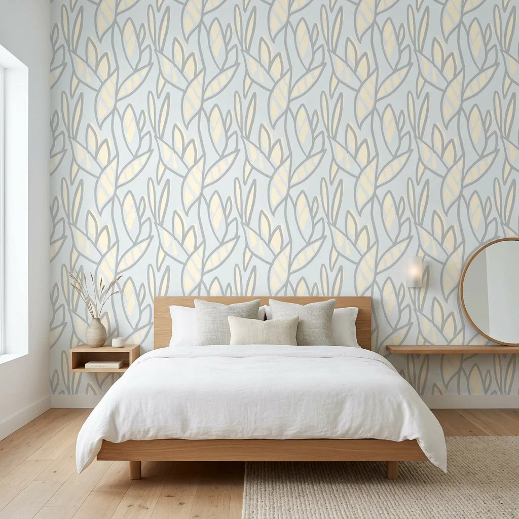 Pale Sprig soft grey botanical adding character to a cozy bedroom