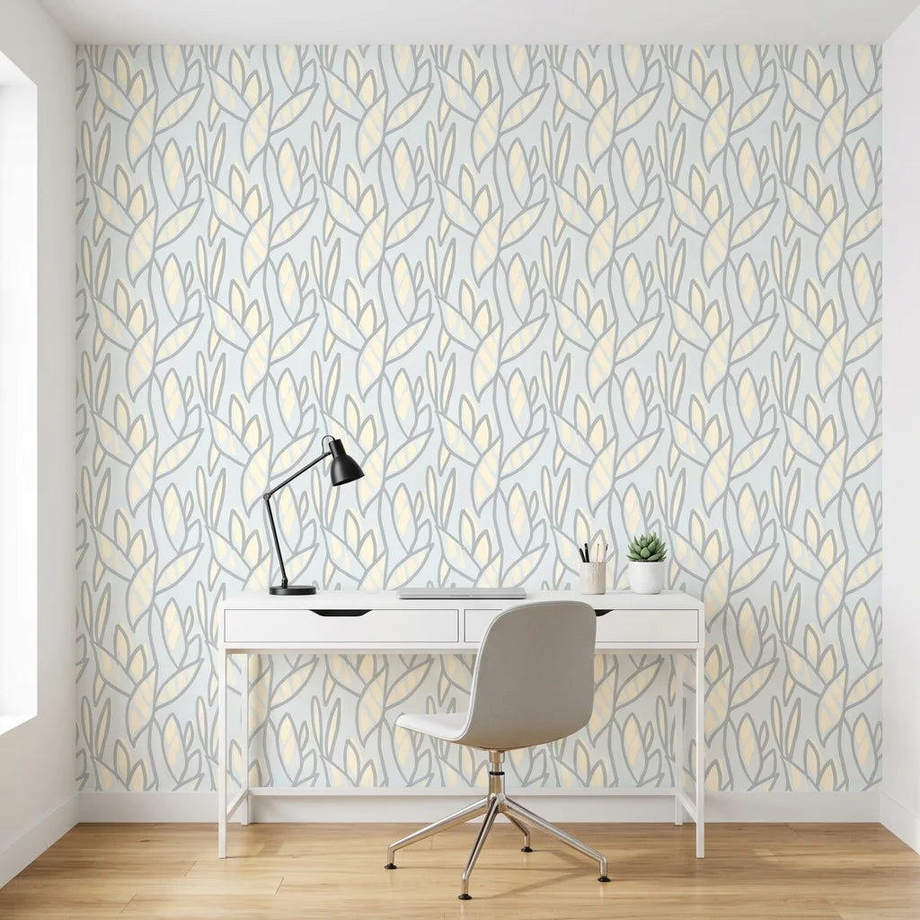 Pale Sprig soft grey botanical as a feature wall in a bright home office