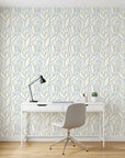 Pale Sprig soft grey botanical as a feature wall in a bright home office