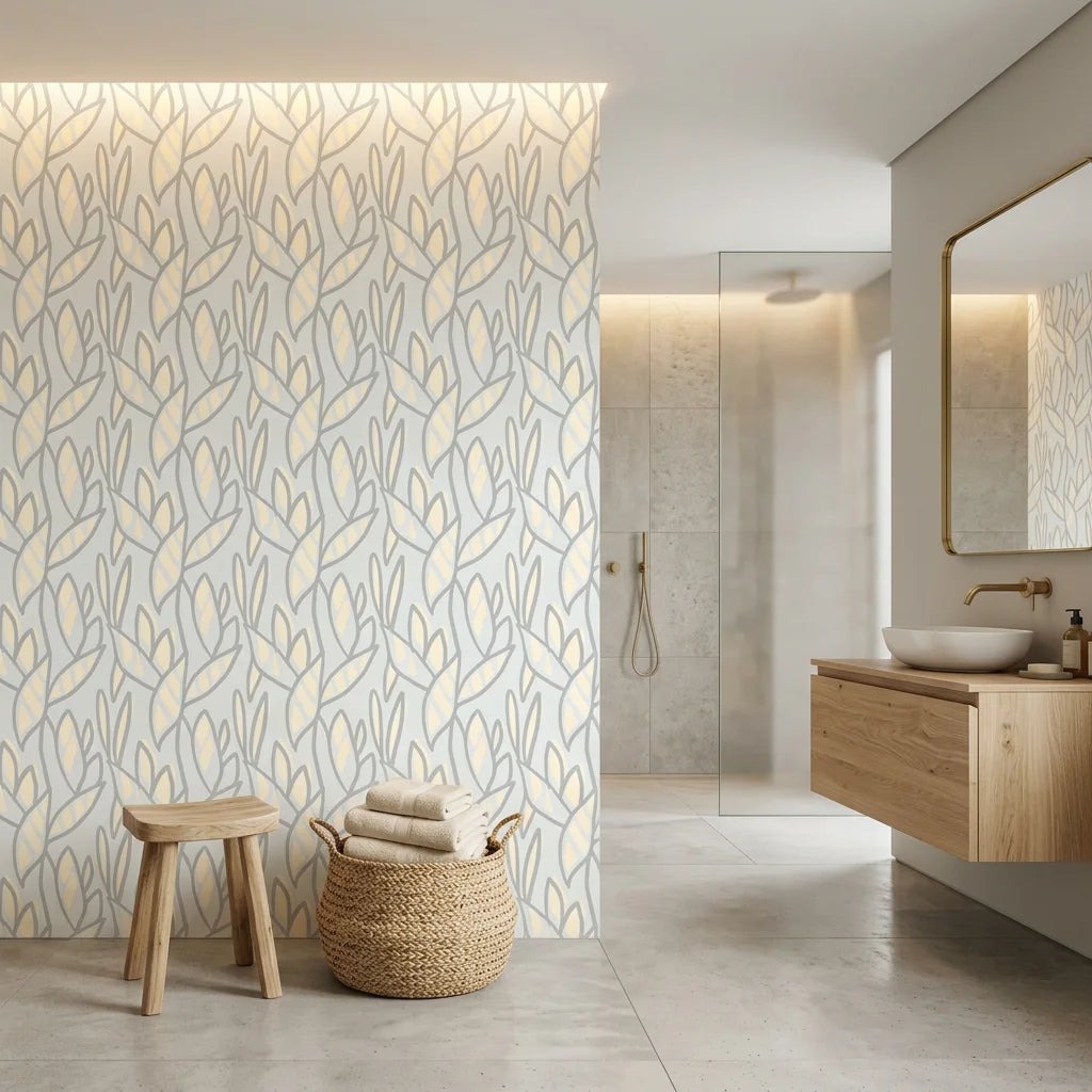 Pale Sprig soft grey botanical creating ambiance in a serene bathroom