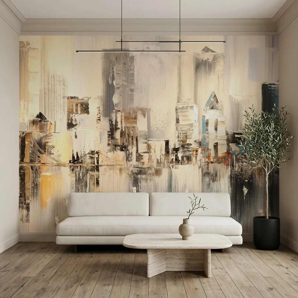 Canvas-like warm neutral painted cityscape skyline peel and stick wallpaper - Pale Steel