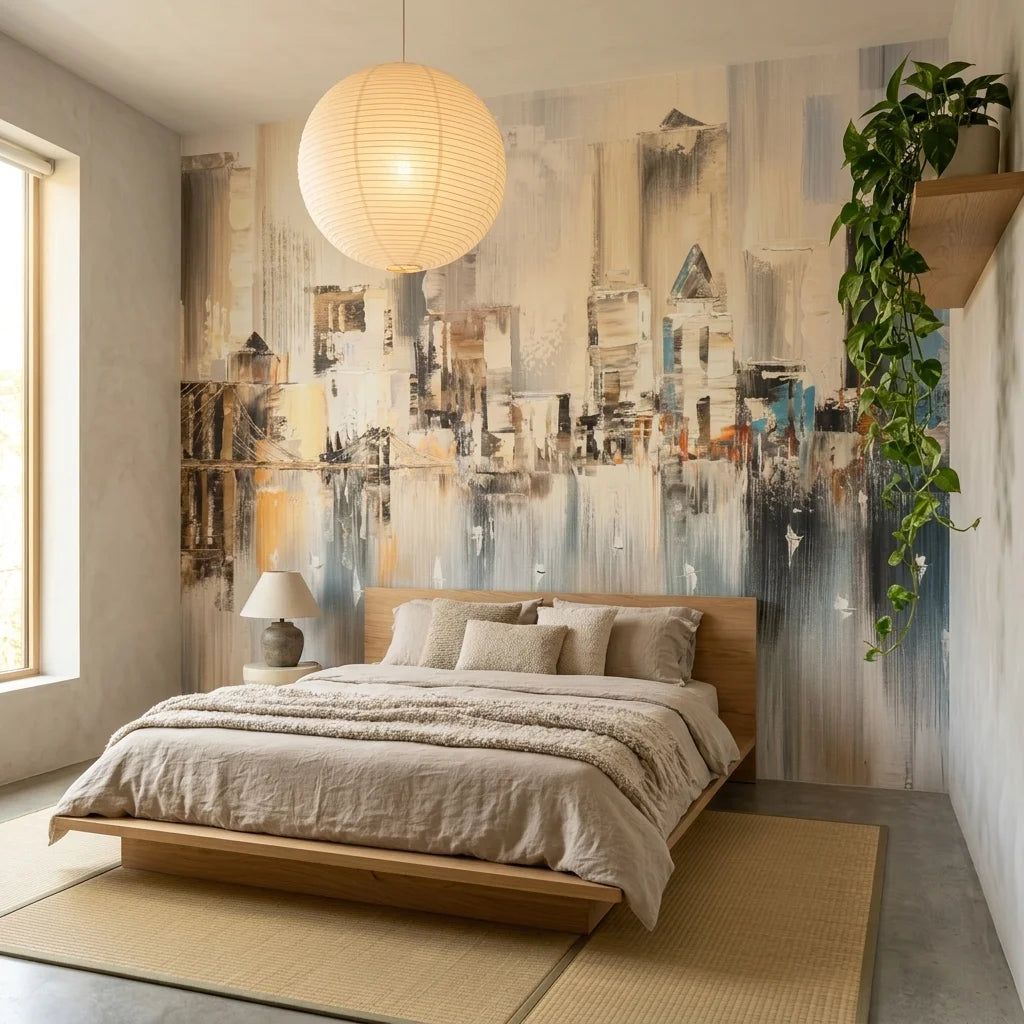 Pale Steel warm neutral painted cityscape wallpaper in a warm and inviting living room
