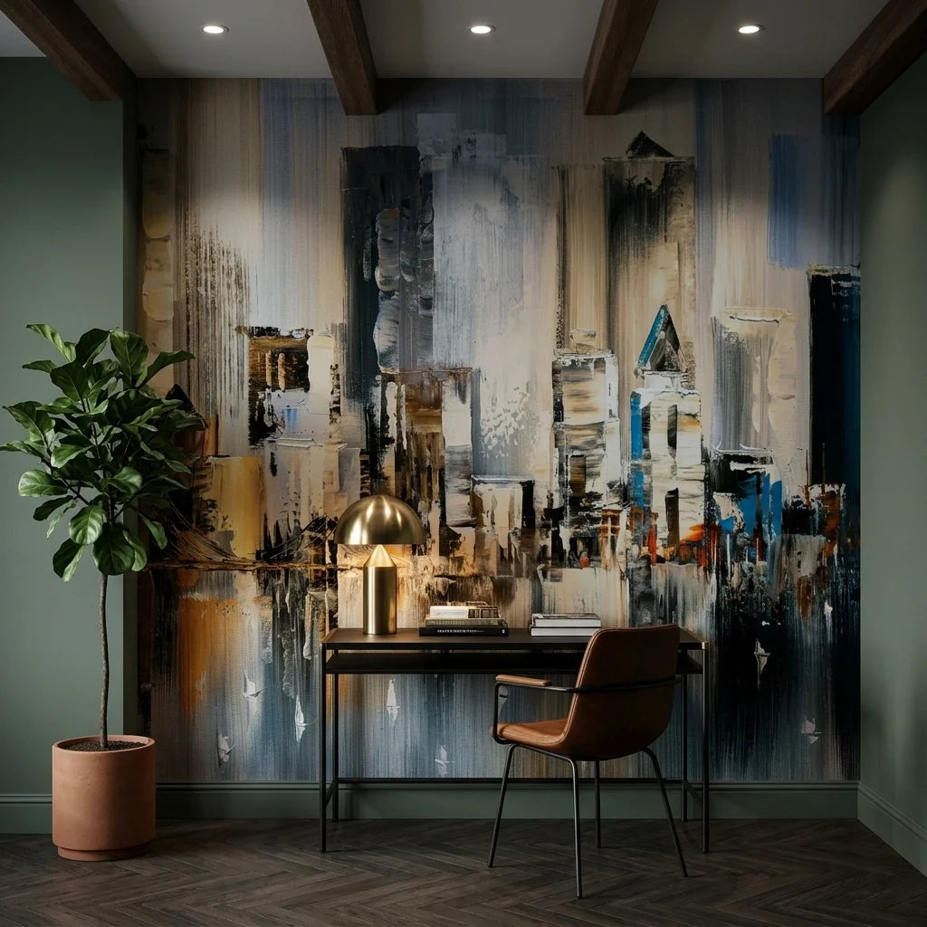 Pale Steel warm neutral painted cityscape wallpaper adding character to a cozy bedroom
