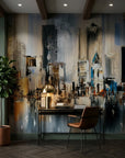 Pale Steel warm neutral painted cityscape wallpaper adding character to a cozy bedroom