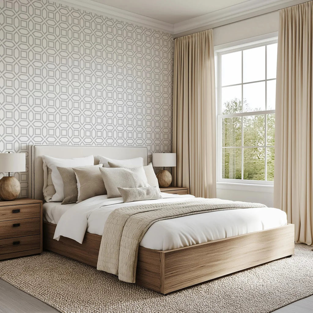 Detail shot of light-colored Geo wallpaper highlighting subtle structure and harmonic pattern cadence