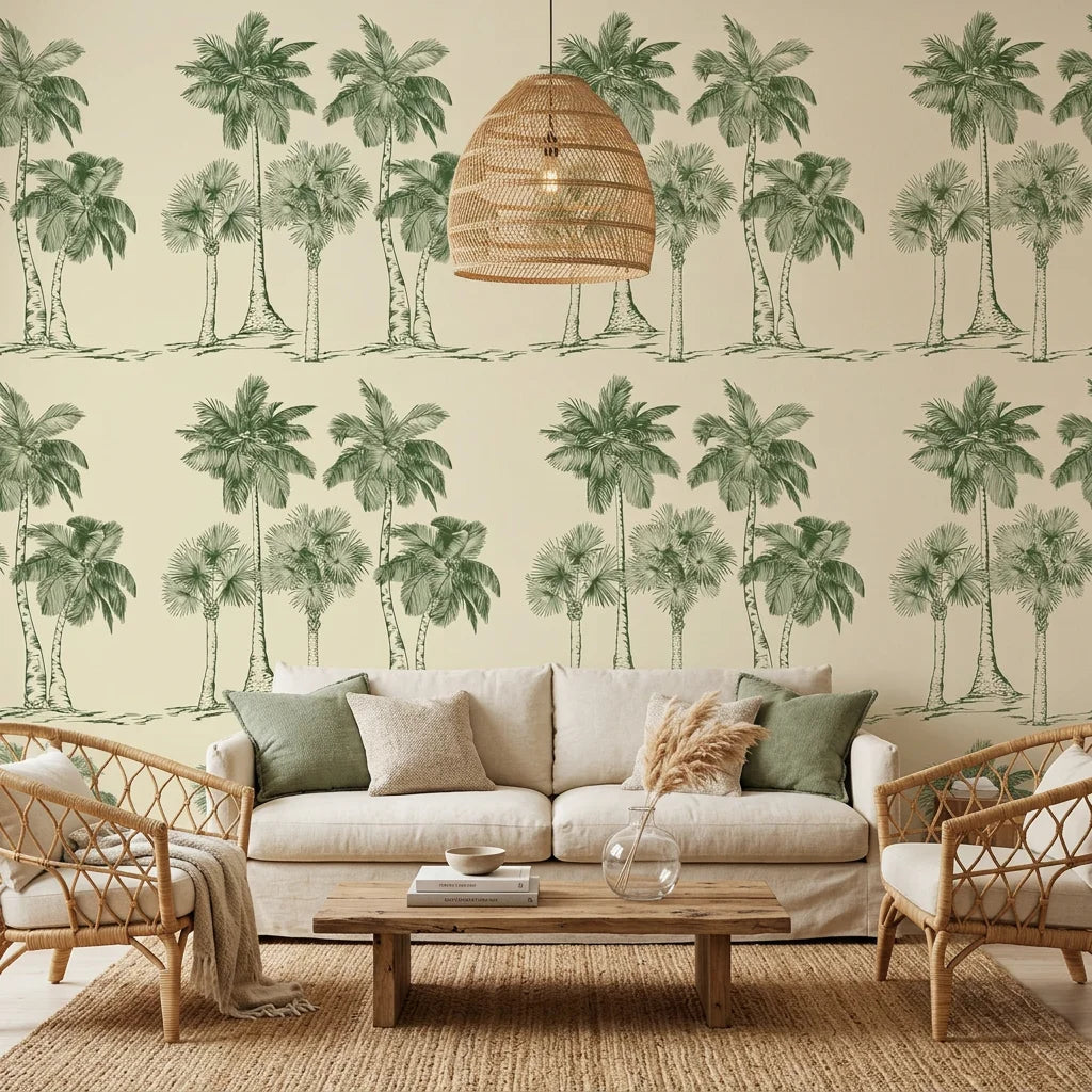 Palm Shade vintage green palm grove wallpaper in a warm and inviting living room