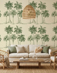 Palm Shade vintage green palm grove wallpaper in a warm and inviting living room