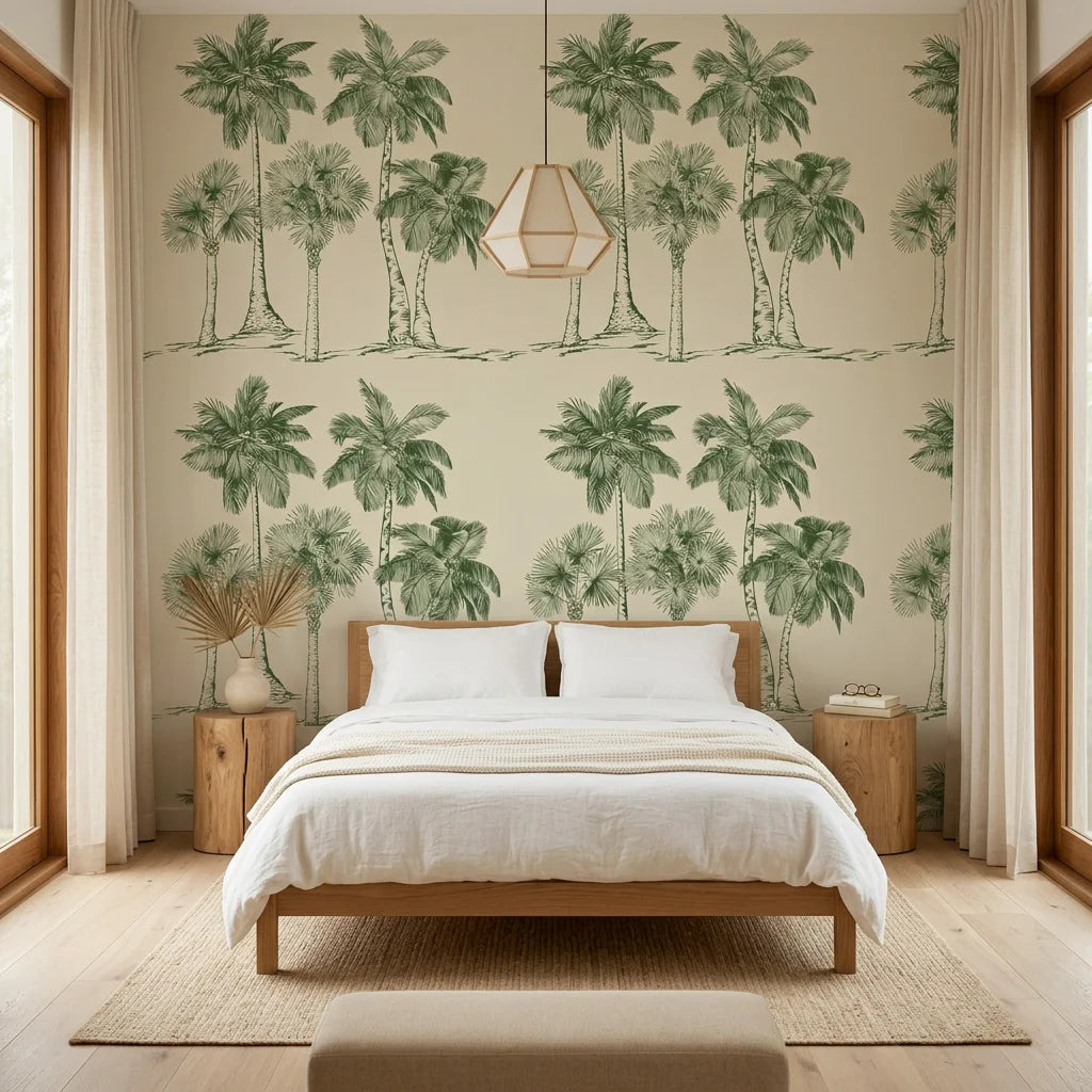Palm Shade vintage green palm grove wallpaper adding character to a cozy bedroom