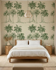 Palm Shade vintage green palm grove wallpaper adding character to a cozy bedroom