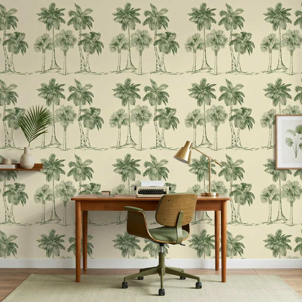 Palm Shade vintage green palm grove wallpaper as a feature wall in a bright home office