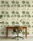 Palm Shade vintage green palm grove wallpaper as a feature wall in a bright home office
