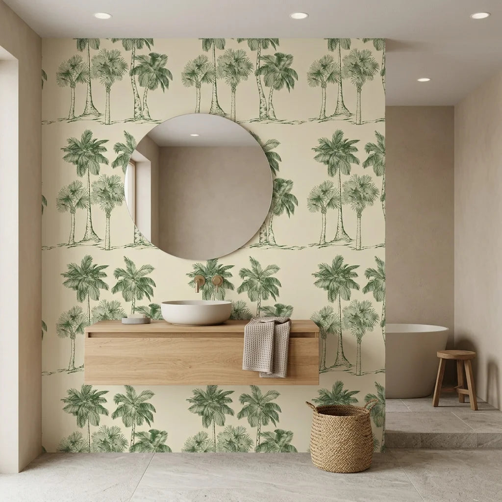 Palm Shade vintage green palm grove wallpaper creating ambiance in a serene bathroom