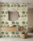 Palm Shade vintage green palm grove wallpaper creating ambiance in a serene bathroom