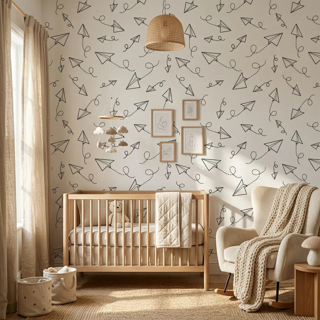 Paper Planes playful skybound motion wallpaper in a warm and inviting living room