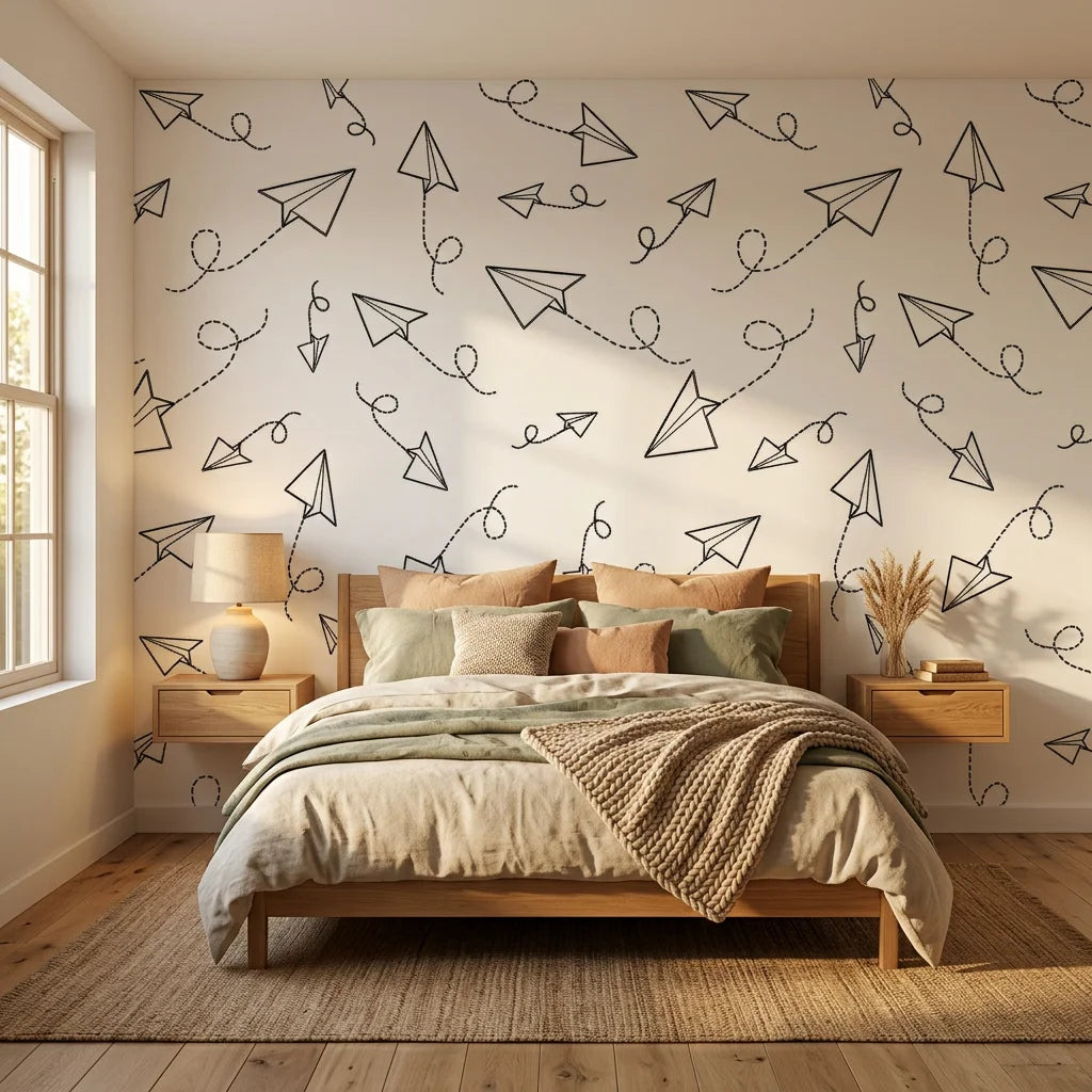 Paper Planes playful skybound motion wallpaper as a feature wall in a bright home office