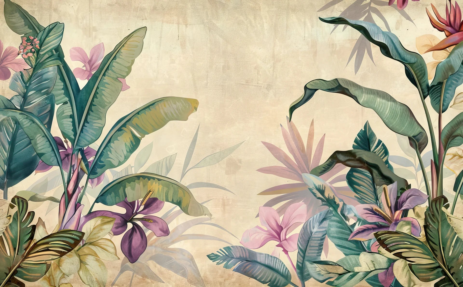 Tropical Parchment & Bloom wallpaper with teal banana leaves and pink orchids on vintage beige background