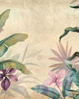 Tropical Parchment & Bloom wallpaper with teal banana leaves and pink orchids on vintage beige background