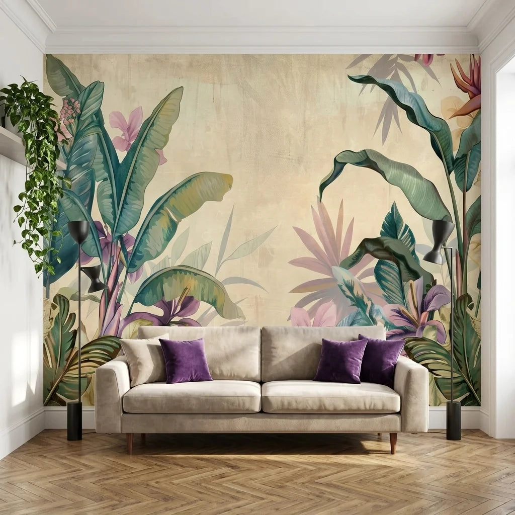 Tropical Parchment & Bloom wallpaper with pink florals and teal banana leaves on living room accent wall